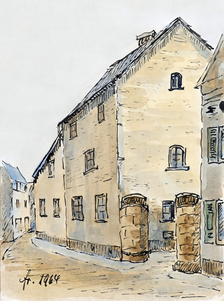 Romanisches Haus in Horchheim, Tusche und Aquarell von Anton Nikolaus Franck 1964 Reproduktion: Lothar Stein