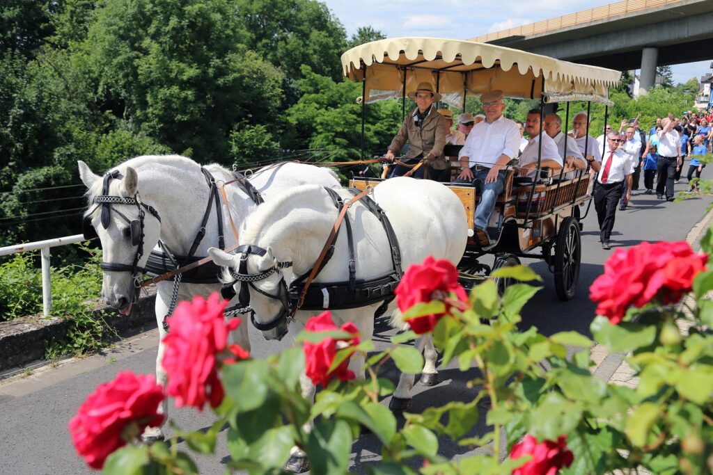 Heimatfreunde Kalenderdeckblatt 2025 ‒ Beim Horchheimer Kirmesumzug ziehen festlich geschmückte Wagen und ein prächtiges Pferdegespann durch die Mendelssohnstraße. ‒ Foto: Lothar Stein