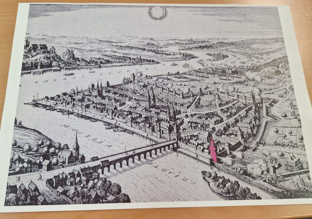Koblenz im Jahr 1632, Merians Kupferstich mit markiertem Ochsenturm, Teil der mittelalterlichen Stadtbefestigung
